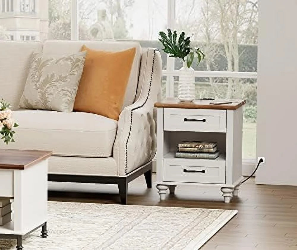 Light Wood Side Table with Drawer and Charging Station M347