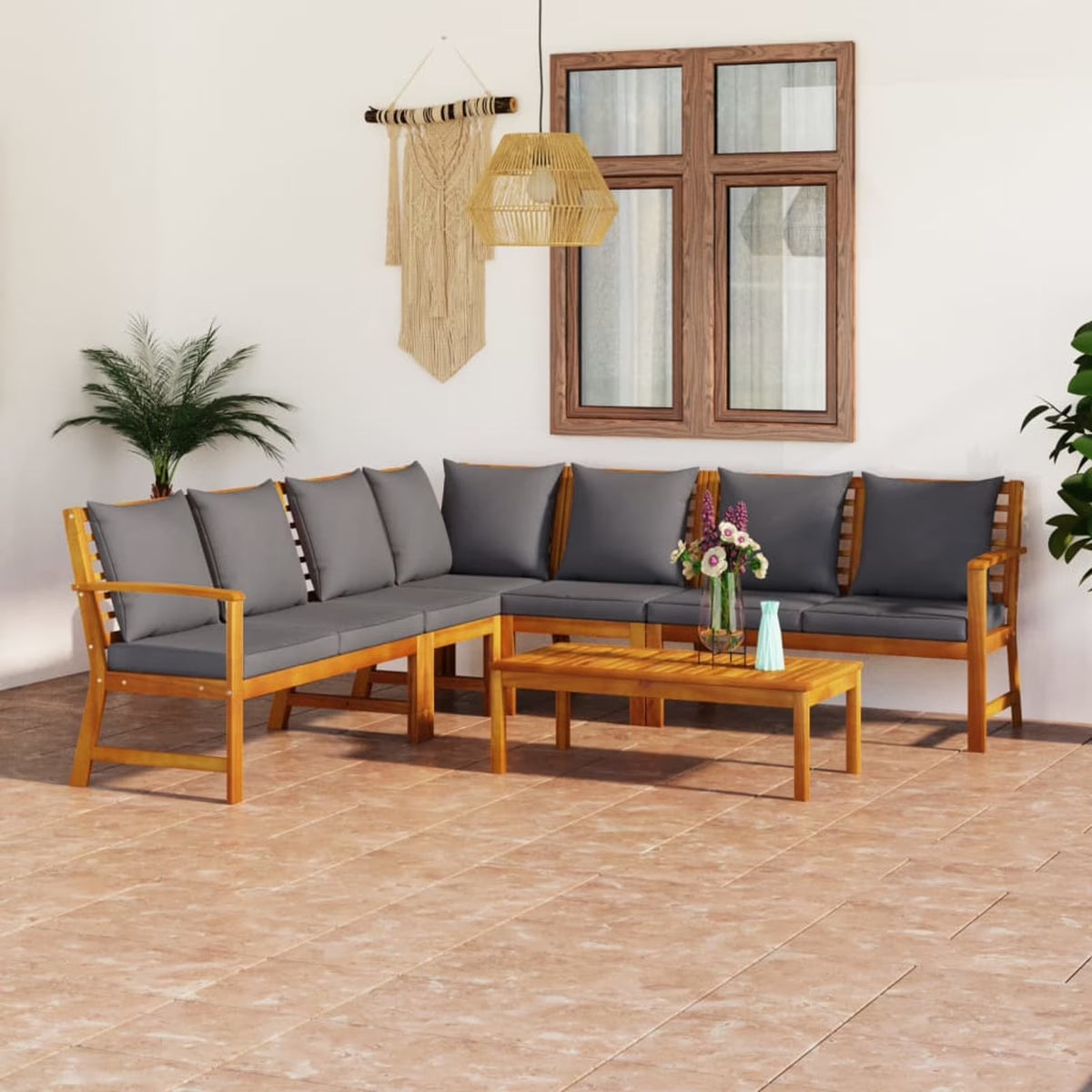 6 Piece Patio Lounge Set with Cushions Acacia Wood Outdoor Sectional Set Z507379