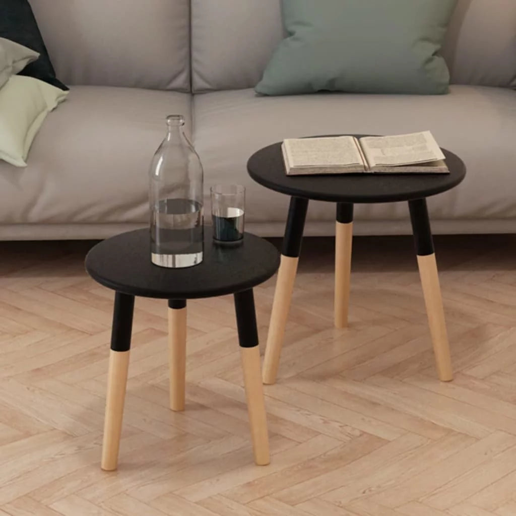 Black 2 Piece Solid Pinewood Side Table Set L337