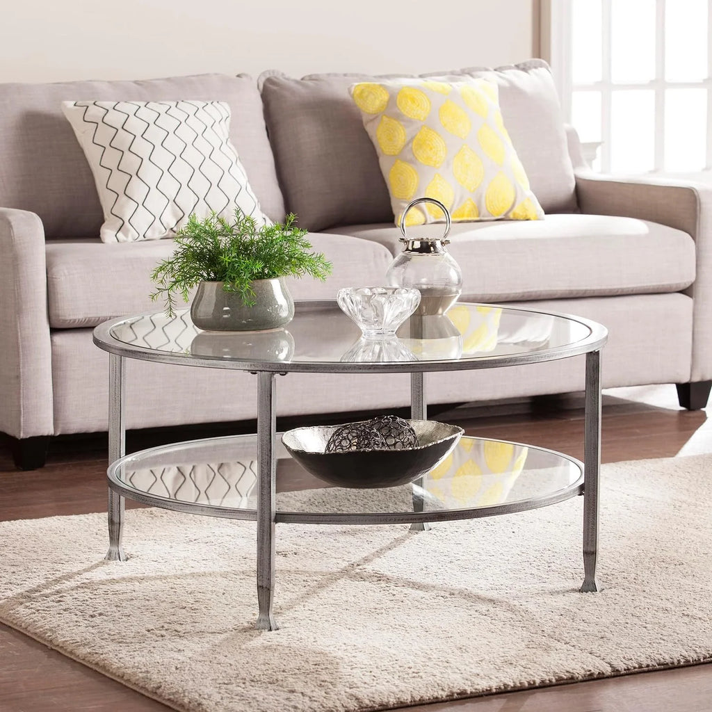 Round 2-Tier Metal Glass Coffee Table G6234