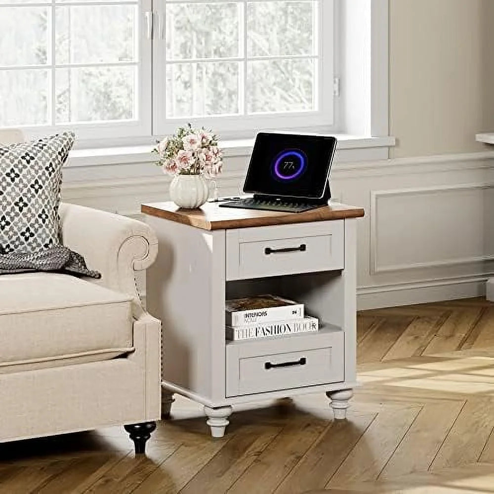 Light Wood Side Table with Drawer and Charging Station M347