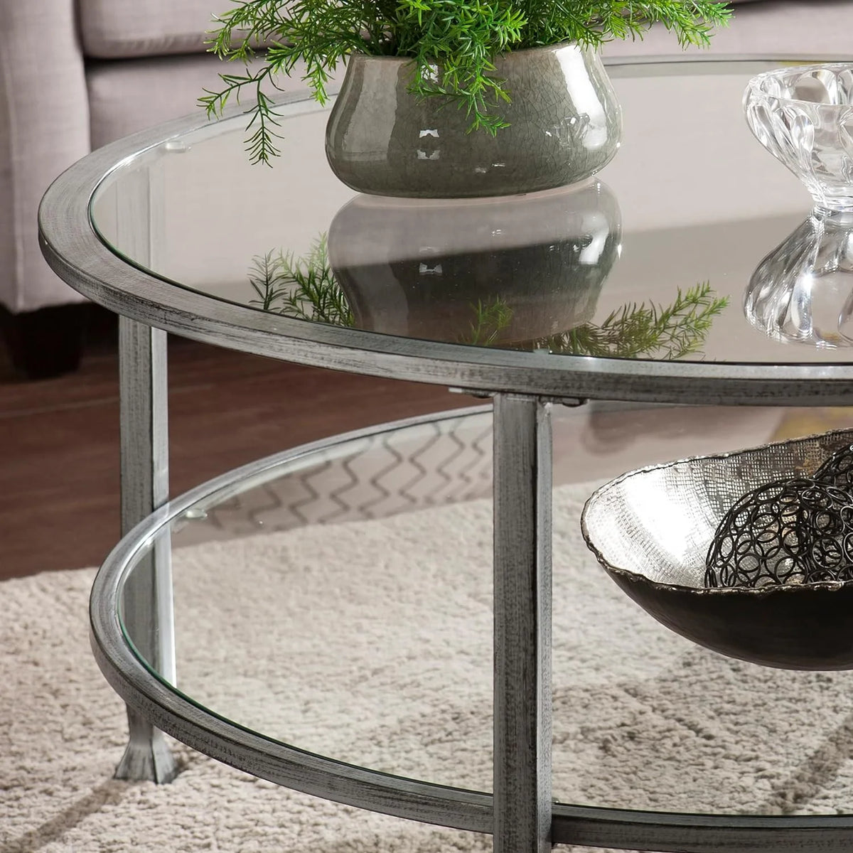 Round 2-Tier Metal Glass Coffee Table G6234