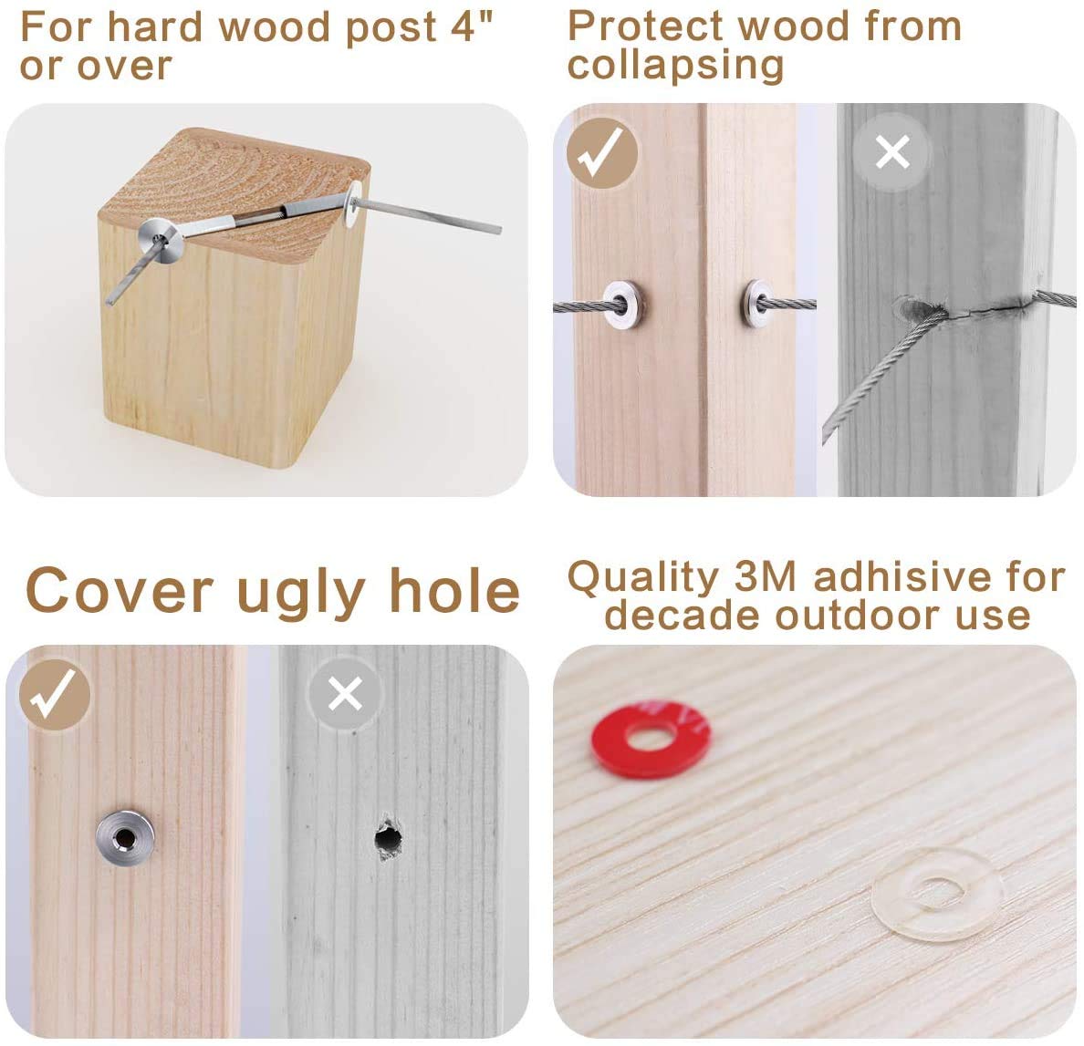 60Pack Cable Railing Kit Angled Protective Grommet for 90 Degree Corner 45 Degree L Shape Protector Sleeve for 1/8 Wire Rope Wood Posts T316 Stainless Steel Pack of 2 W417