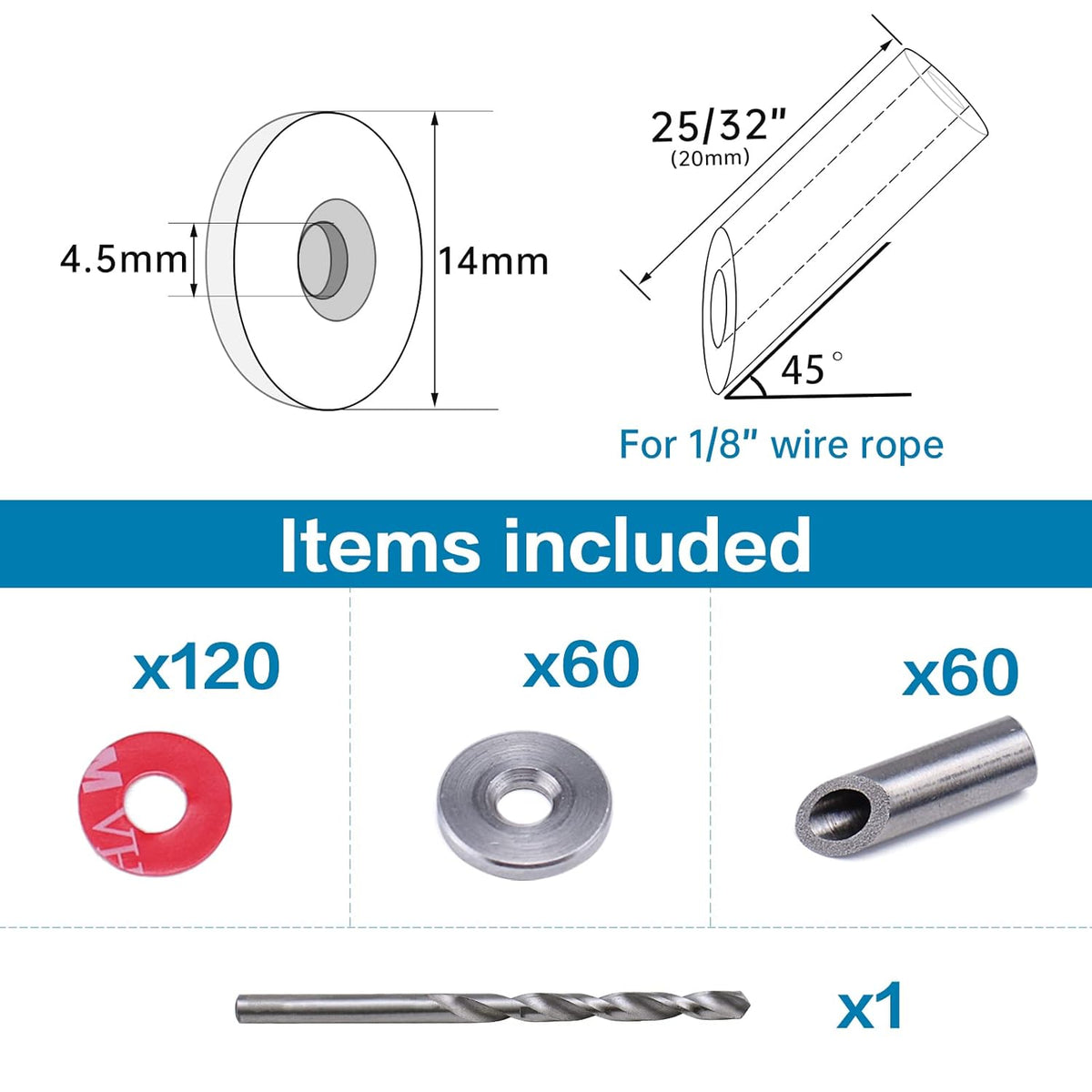 60Pack Cable Railing Kit Angled Protective Grommet for 90 Degree Corner 45 Degree L Shape Protector Sleeve for 1/8 Wire Rope Wood Posts T316 Stainless Steel Pack of 2 W417